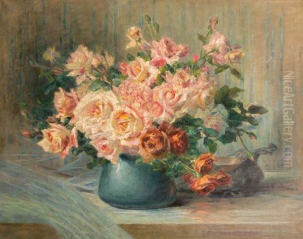 Bouquet De Roses Sur Un Entablement Oil Painting by Claudia-Julia Bret-Charbonnier