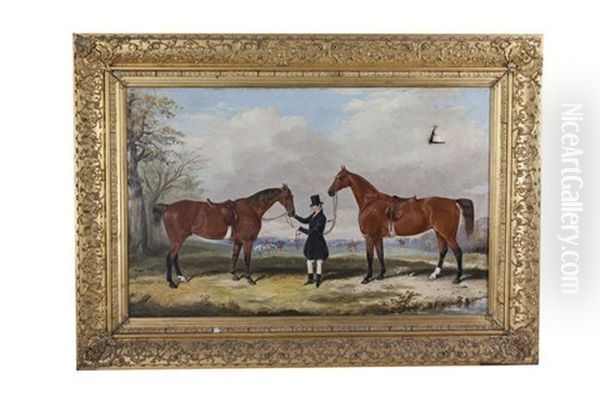 A Hunt Servant, Believed To Be Dixon Holding Hunters In A Landscape Oil Painting by Thomas Walker Bretland