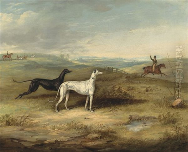 Hare Coursing - Two Greyhounds With A Distant Rider Oil Painting by Thomas Walker Bretland