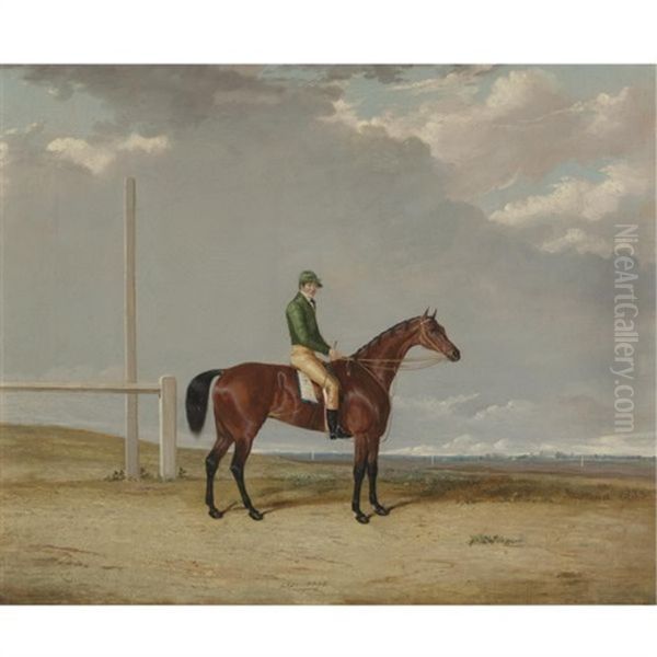 A Bay Racehorse Lady Fane With Jockey Up On A Racecourse Oil Painting by Thomas Walker Bretland