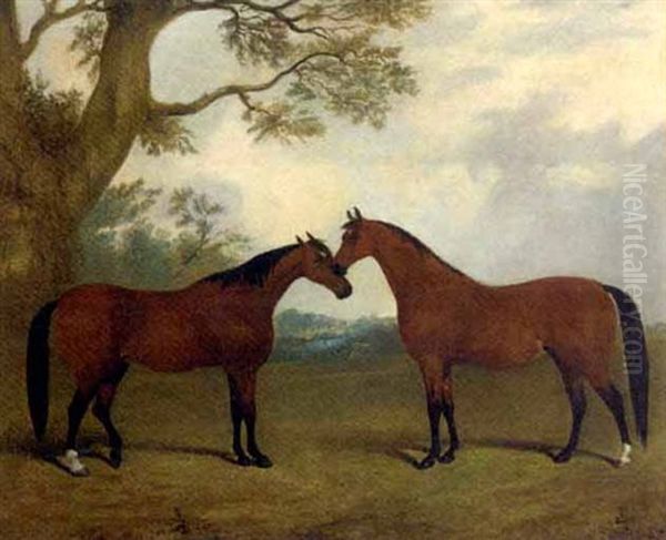 Two Bay Hunters In A Landscape Oil Painting by Thomas Walker Bretland