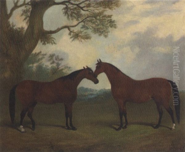 Two Bay Hunters In A Landscape Oil Painting by Thomas Walker Bretland