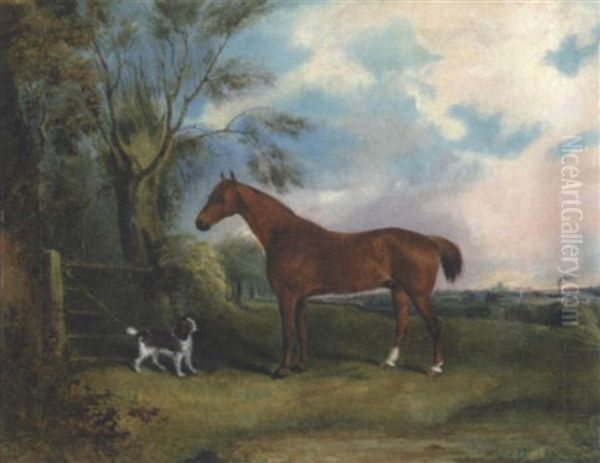 Chestnut And Spaniel Paused Beside A Gate Within A Landscape Oil Painting by Thomas Walker Bretland