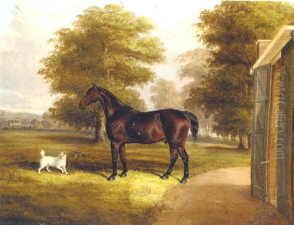 A Bay Hunter And A Terrier By A Stable Oil Painting by Thomas Walker Bretland