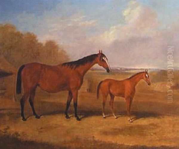 Portrait Of A Mare And Foal In A Landscape Oil Painting by Thomas Walker Bretland