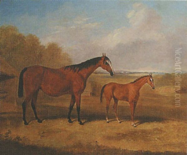 Portrait Of A Mare And Foal In A Landscape Oil Painting by Thomas Walker Bretland