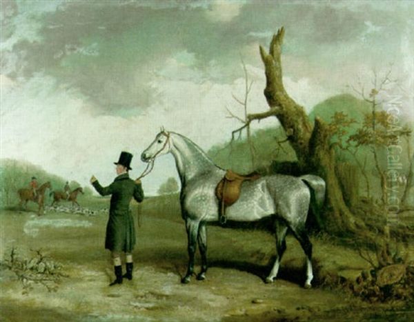 A Dappled Grey Held By A Huntsman With Huntsmen And Hounds Beyond, In A Landscape Oil Painting by Thomas Walker Bretland