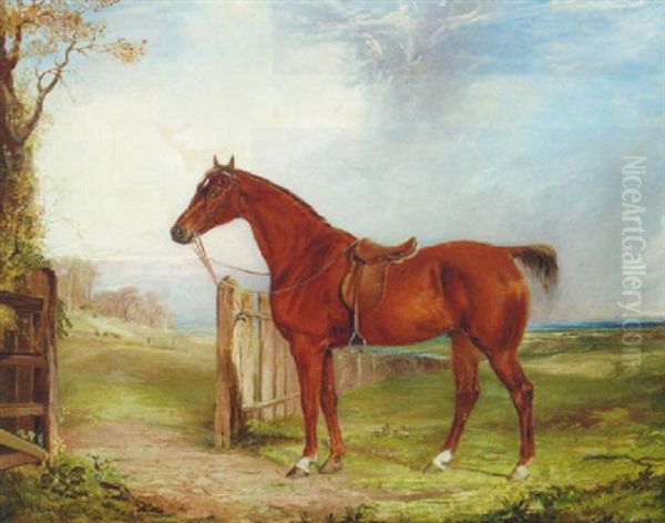 A Saddled Chestnut Hunter In An Extensive Landscape With A Hunt Beyond Oil Painting by Thomas Walker Bretland