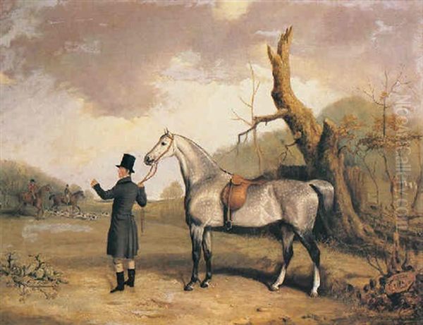 A Gentleman With A Grey Hunter In A Landscape, A Hunt Beyond Oil Painting by Thomas Walker Bretland