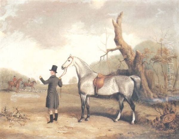 A Gentleman With His Hunter In A Landscape, Huntsmen And Hounds Beyond Oil Painting by Thomas Walker Bretland