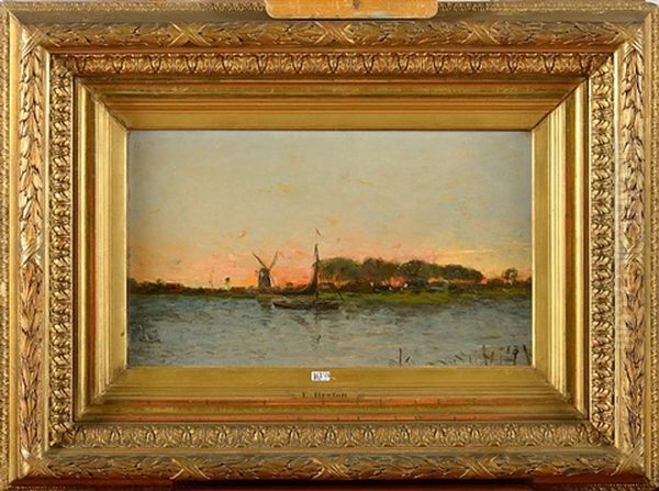 Coucher De Soleil Sur Un Paysage Lacustre Hollandais Oil Painting by Emile-Adelard Breton