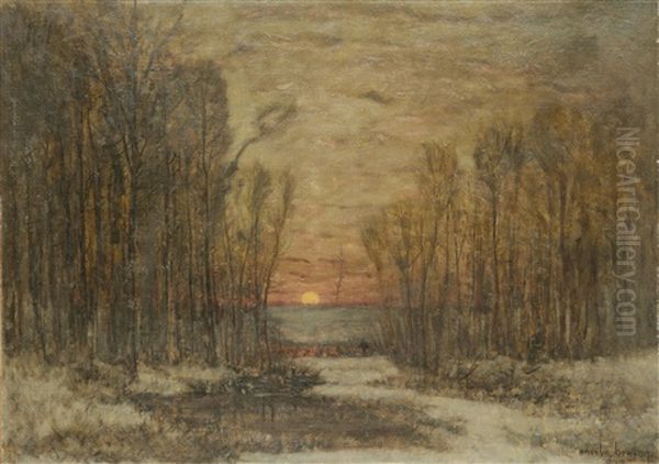 A Winter Sunset Oil Painting by Emile-Adelard Breton