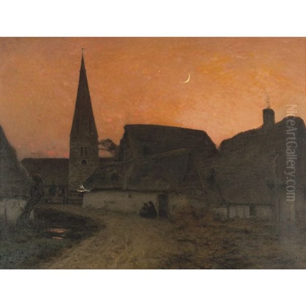 Village At Dusk Oil Painting by Emile-Adelard Breton