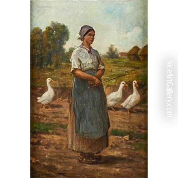 Untitled (girl With Geese) Oil Painting by Jules Breton