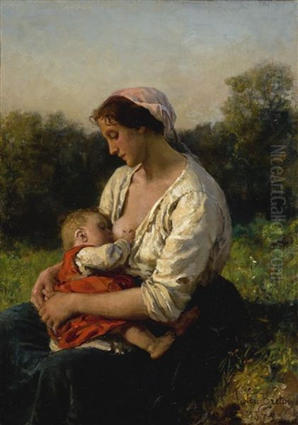 Jeune Mere Allaitant Son Enfant Oil Painting by Jules Breton