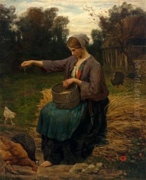 Jeune Femme Nourrissant Ses Volailles Oil Painting by Jules Breton