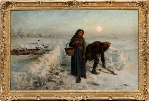 Winter Moonlit Scene With Figures Oil Painting by Jules Breton