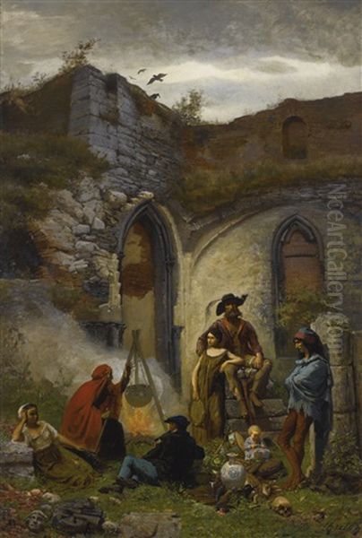 Campement De Bohemiens, Dans Les Ruines De L'abbaye De Saint-bavon (gand) Oil Painting by Jules Breton