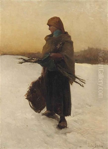 Ramasseuse De Fagots Et Son Enfant Dans La Neige Oil Painting by Jules Breton