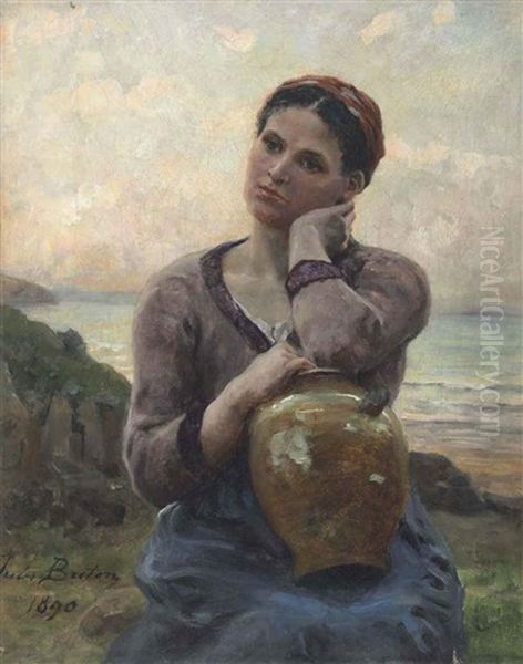 Jeune Paysanne A La Cruche Sur Fond De Mer Oil Painting by Jules Breton