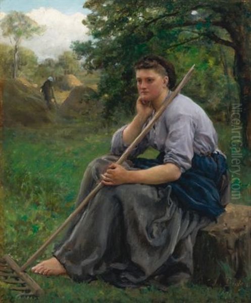 Faneuse Assise A L'oree D'un Bois (the Haymaker) Oil Painting by Jules Breton