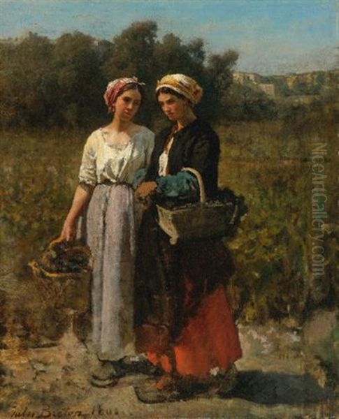 Two Young Women Picking Grapes (study For The Vintage At Chateau Lagrange) Oil Painting by Jules Breton