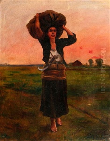 Heimkehrende Bauerin Mit Sichel Oil Painting by Jules Breton