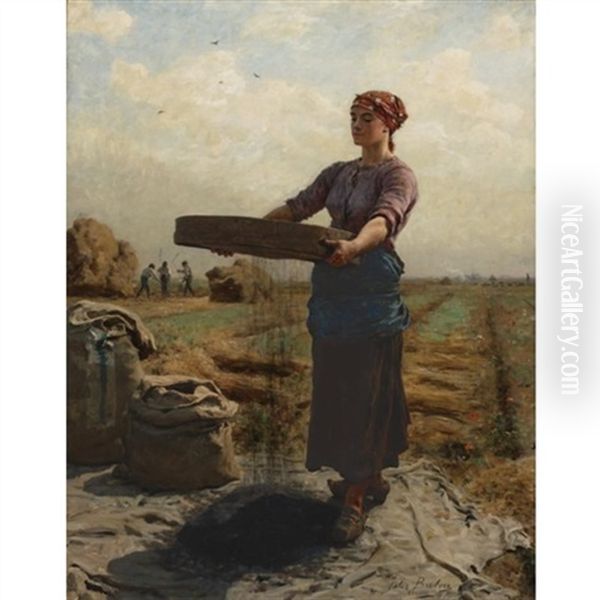 Peasant Woman Sifting Rapeseed - Cribleuse De Colza Oil Painting by Jules Breton