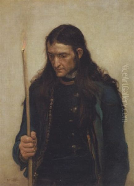 Ung Mand Gar Bodsgang Med Fakkel Og En Rosenkrans Oil Painting by Jules Breton