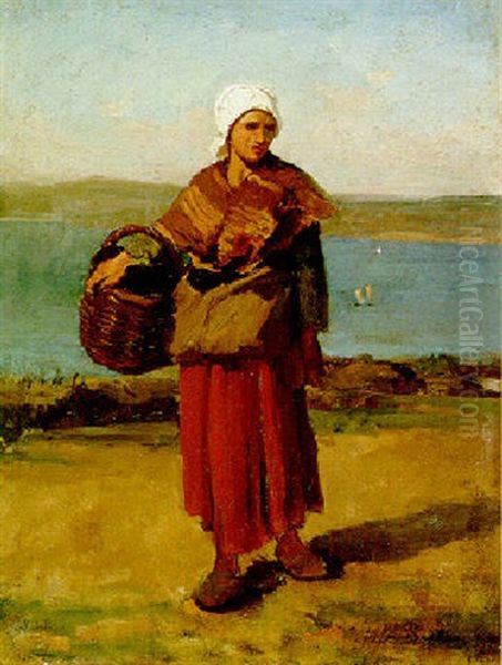 Pecheuse Sur Fond De Mer Bleue, Douarnenez Oil Painting by Jules Breton