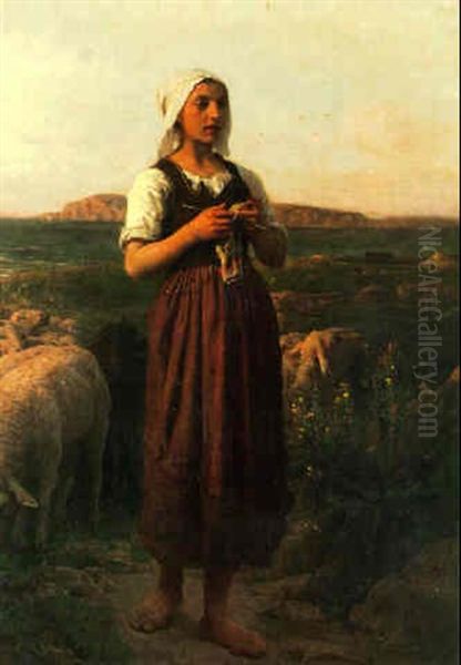 With Her Flock Oil Painting by Jules Breton