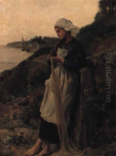 Jeune Bretonne Raccomodant Un Filet Oil Painting by Jules Breton