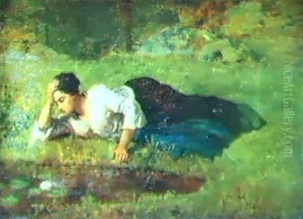 Jeune Femme Aux Nenuphars Oil Painting by Jules Breton