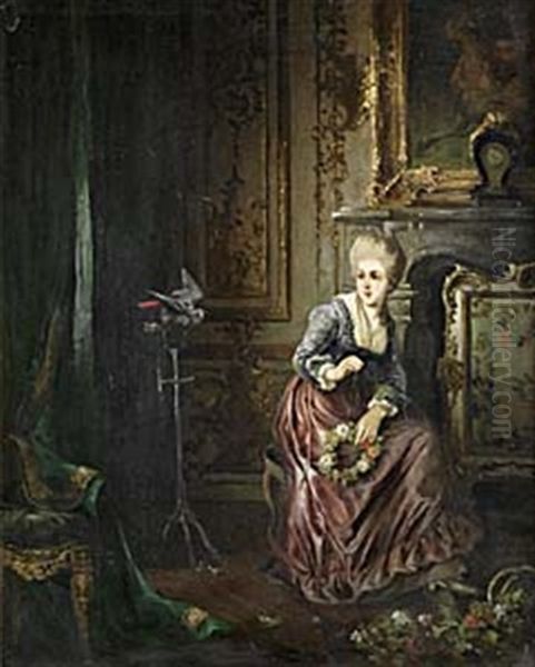 Interior Med Flicka Och Papegoja Oil Painting by Eduard Bretschneider