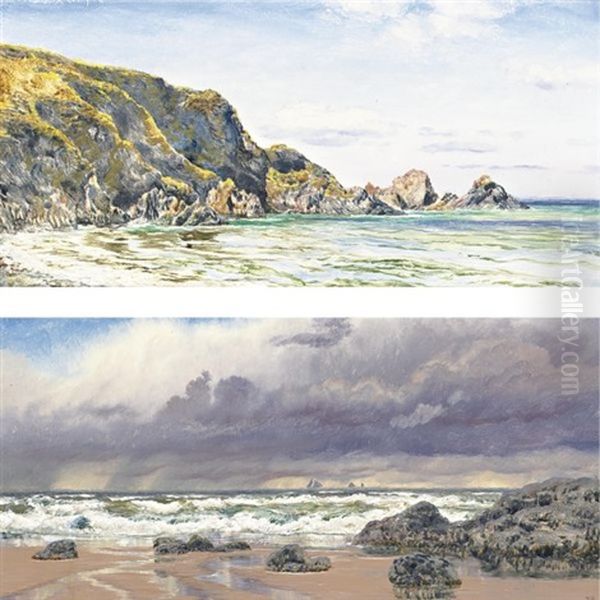 A Rocky Coast (+ A Stormy Day; Pair) Oil Painting by John Brett