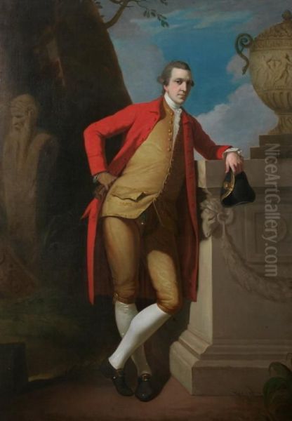 Portrait Of A Gentleman, Full Length, In A Red Coat, Buff Waistcoat And Breeches, Holding A Black Tricorn Hat Oil Painting by David Allan