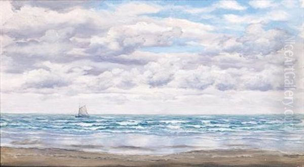 Gathering Clouds, A Fishing Boat Off The Coast Oil Painting by John Brett