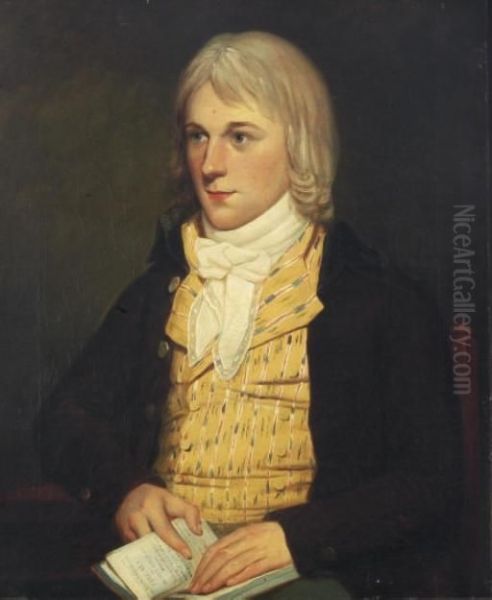 Portrait Of A Gentleman, Bust-length, Seated In A Yellow Vest And Brown Coat, Holding A Book Of Poetry Oil Painting by David Allan