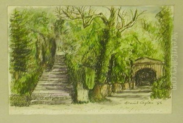 Caplan, Garden Steps And Grotto, Watercolour Oil Painting by David Allan