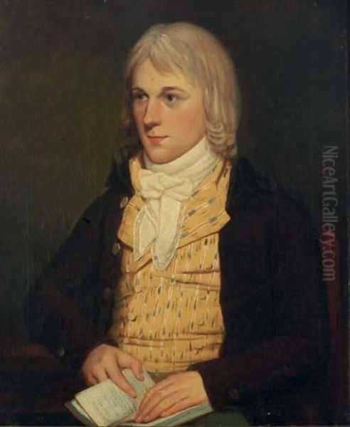 Portrait Of A Gentleman, Bust-length, Seated In A Yellow Vest And Brown Coat, Holding A Book Of Poetry Oil Painting by David Allan