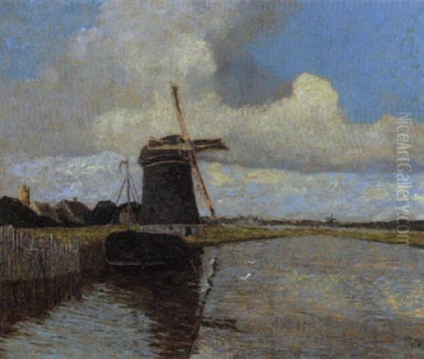 Windmuhle Am Kanal Oil Painting by Julius Bretz