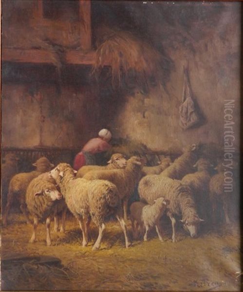 Barn Interior With Sheep And Shepherdess Oil Painting by Max Breu