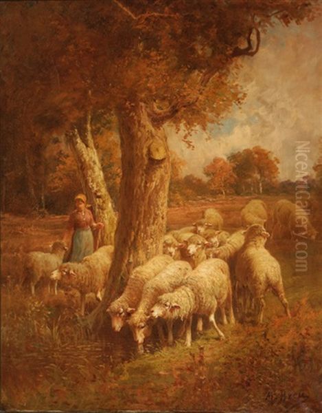 A Shepherdess With Sheep In A Forest Cleaning Oil Painting by Max Breu