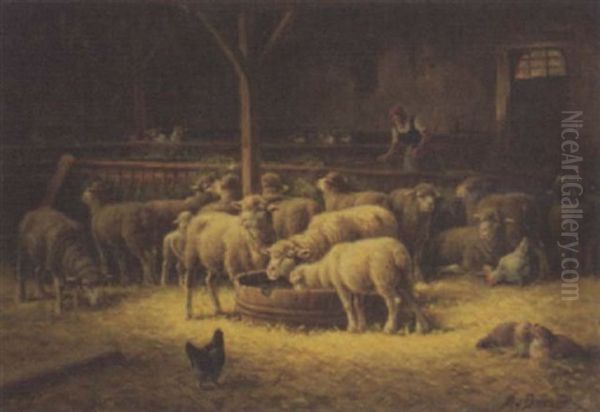 Sheep And Chickens In A Stable Oil Painting by Max Breu