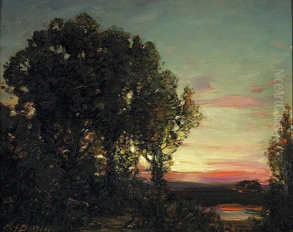 Sunset Beyond Distant Trees Oil Painting by Henry Joseph Breuer