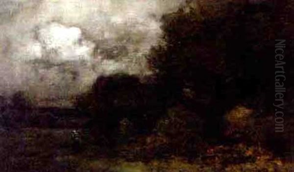 Barbizon Landscape At Dusk With Women Gathering Wood Oil Painting by Henry Joseph Breuer