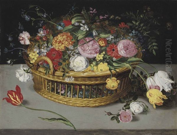 Roses, Tulips, Bluebells And Carnations In A Wicker Basket On A Stone Ledge Oil Painting by Jan Breughel II