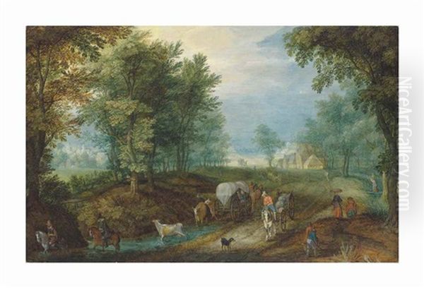 Travellers And Carts On A Road In A Wooded Landscape Oil Painting by Jan Breughel II