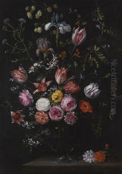 Still Life Of Tulips, Roses, Carnations, Irises And Other Flowers, In A Glass Vase On A Stone Ledge Oil Painting by Jan Breughel II