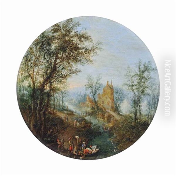 A Wooded River Landscape With Travellers Loading A Boat Near A Bridge And Figures On A Path, A Village Beyond Oil Painting by Jan Breughel II